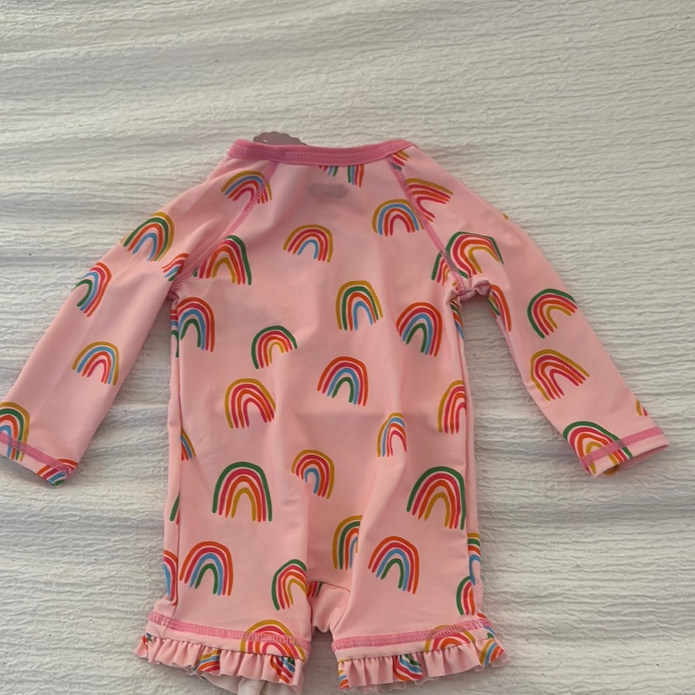 Mud Pie Pink Rashguard with Ruffled Rainbow Design - Picture 3 of 4
